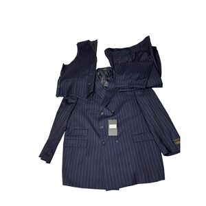 Apollo King Mens 52R Navy Pinstripe Super 150s Wool 3 Piece Double Breasted Suit